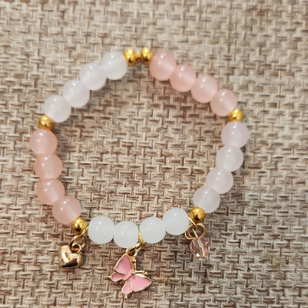 Elegant Pink and White Beaded Bracelet with Charms